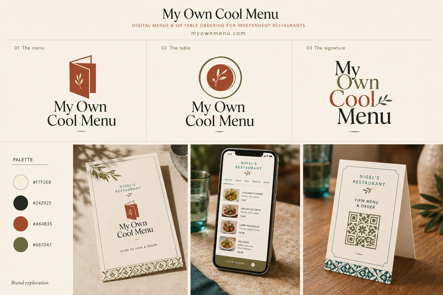 Brand board for Mira mi menú / My Own Cool Menu: three logo concepts, the ivory, ink, terracotta and olive palette, a printed menu card, a phone menu and a table stand