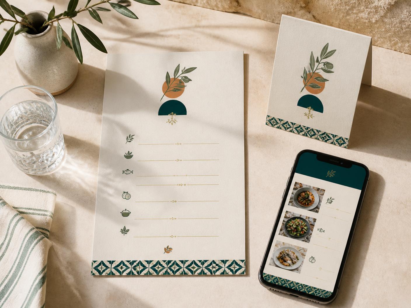 Menu card, folded table tent and phone menu all sharing one restaurant identity in teal, olive and terracotta