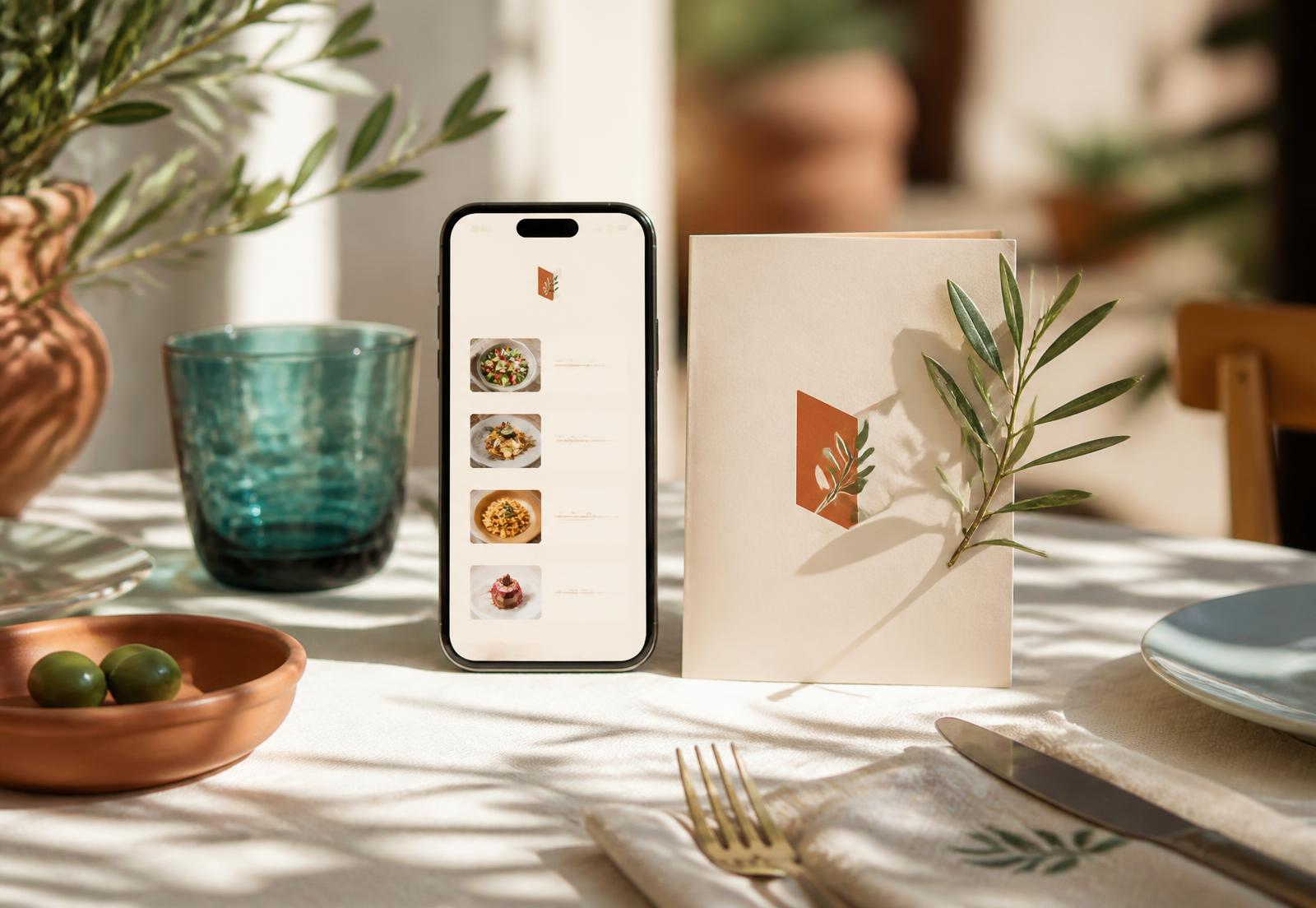 A phone showing a branded restaurant menu next to a printed menu card on a sunlit Mediterranean restaurant table