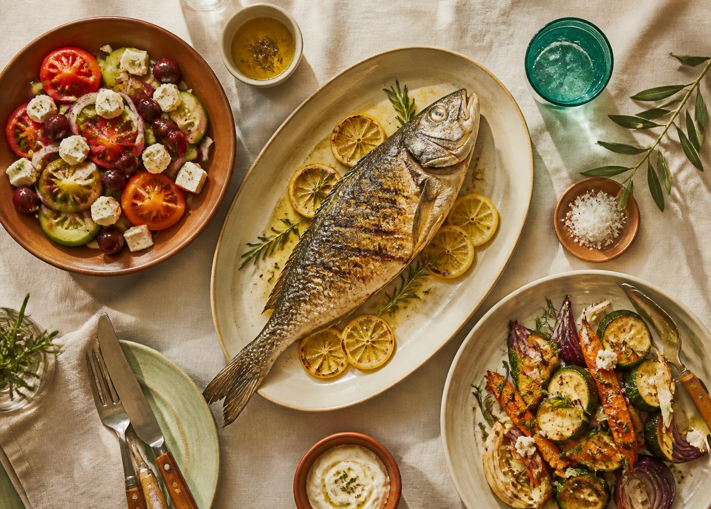 Grilled whole sea bass with lemon, roasted vegetables and a fresh tomato and feta salad on a cream linen table