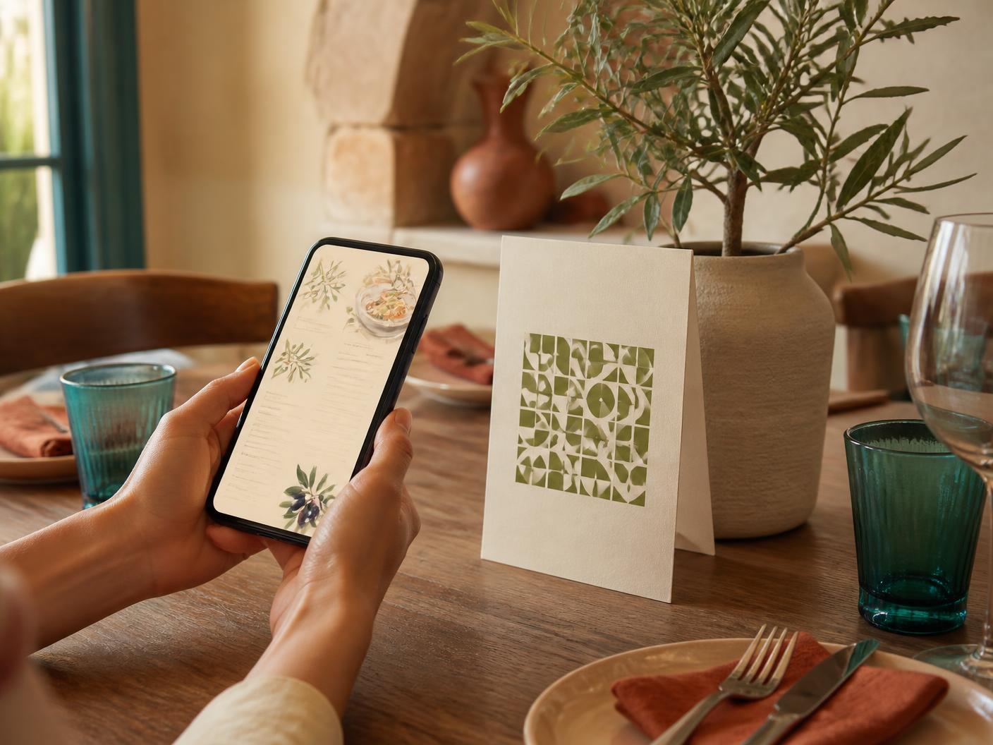 A guest browsing a digital restaurant menu on their phone beside a small table menu stand